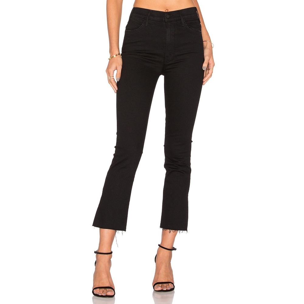 MOTHER The Hustler Ankle Fray High Rise Crop Kick Flare Jean Not Guilty Black 26